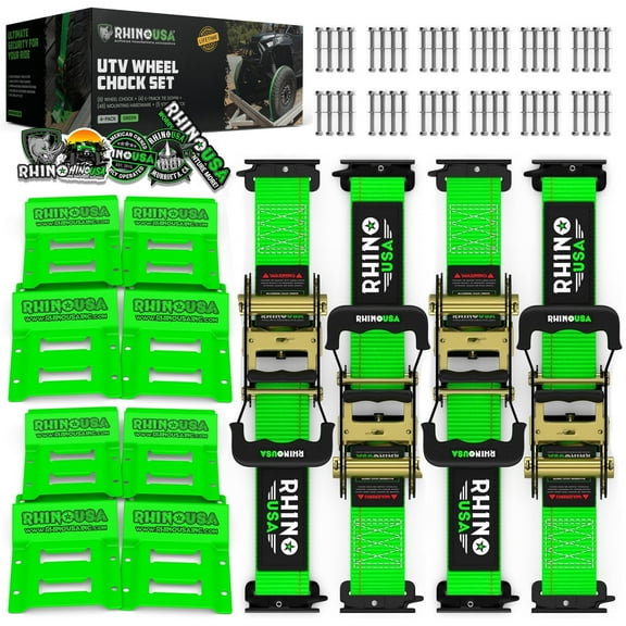 Rhino USA Wheel Chock Tie Down Kit (4,500lb Break Strength) 4 Tire Ratchet Straps (8) Chocks - Green