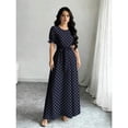 thumbnail image 3 of Multicolor Navy Blue Polka Dot Print Dress, Womens Round Neck Short Puff Sleeve Belted Maxi Dress, 3 of 7