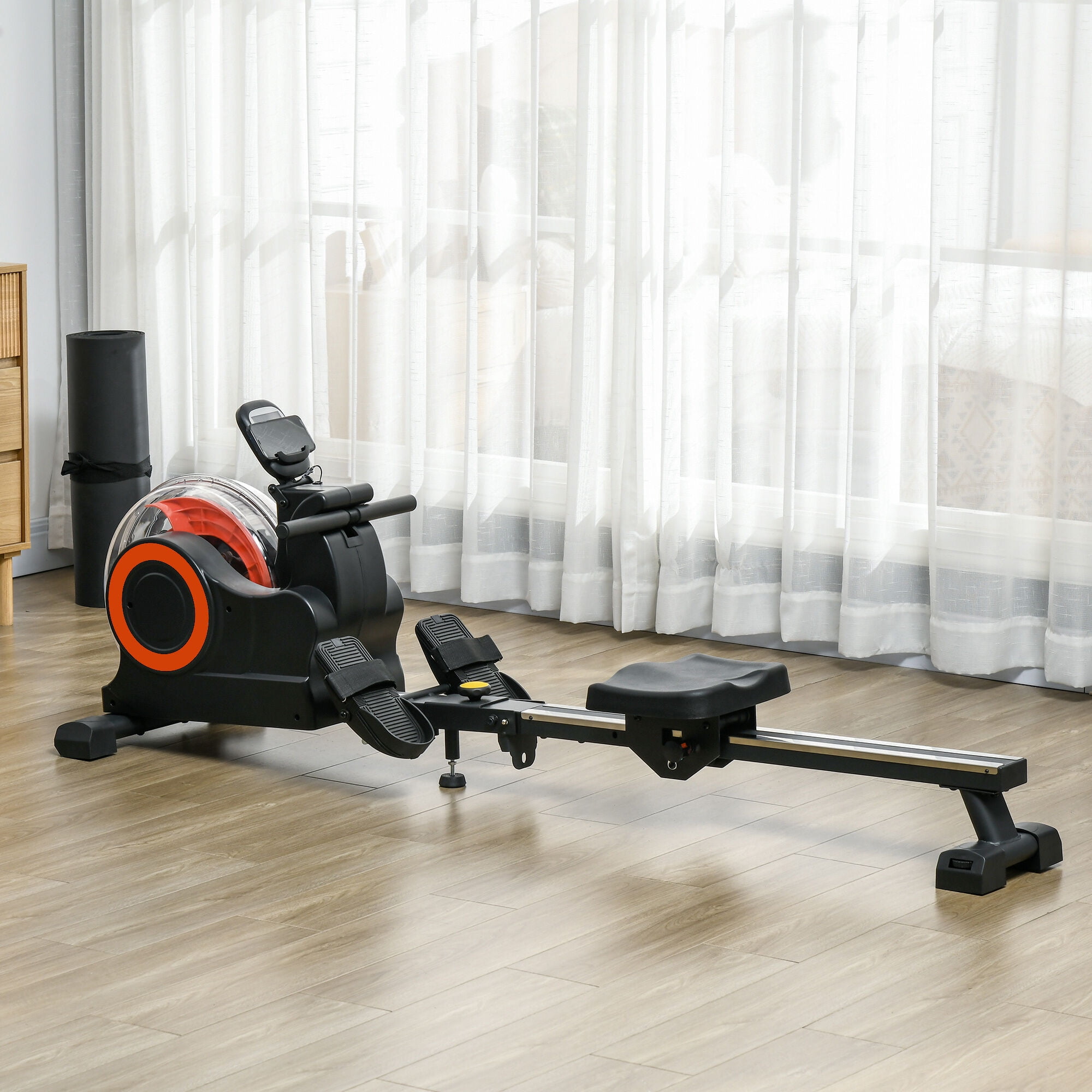 Home Gym Equipment, Soozier Water Rowing Machine, Foldable Rower Machine with Adjustable Resistance, Wheels, LCD Monitor and Tablet Holder for Home Cardio Training, Red, Red Exercise Equipment