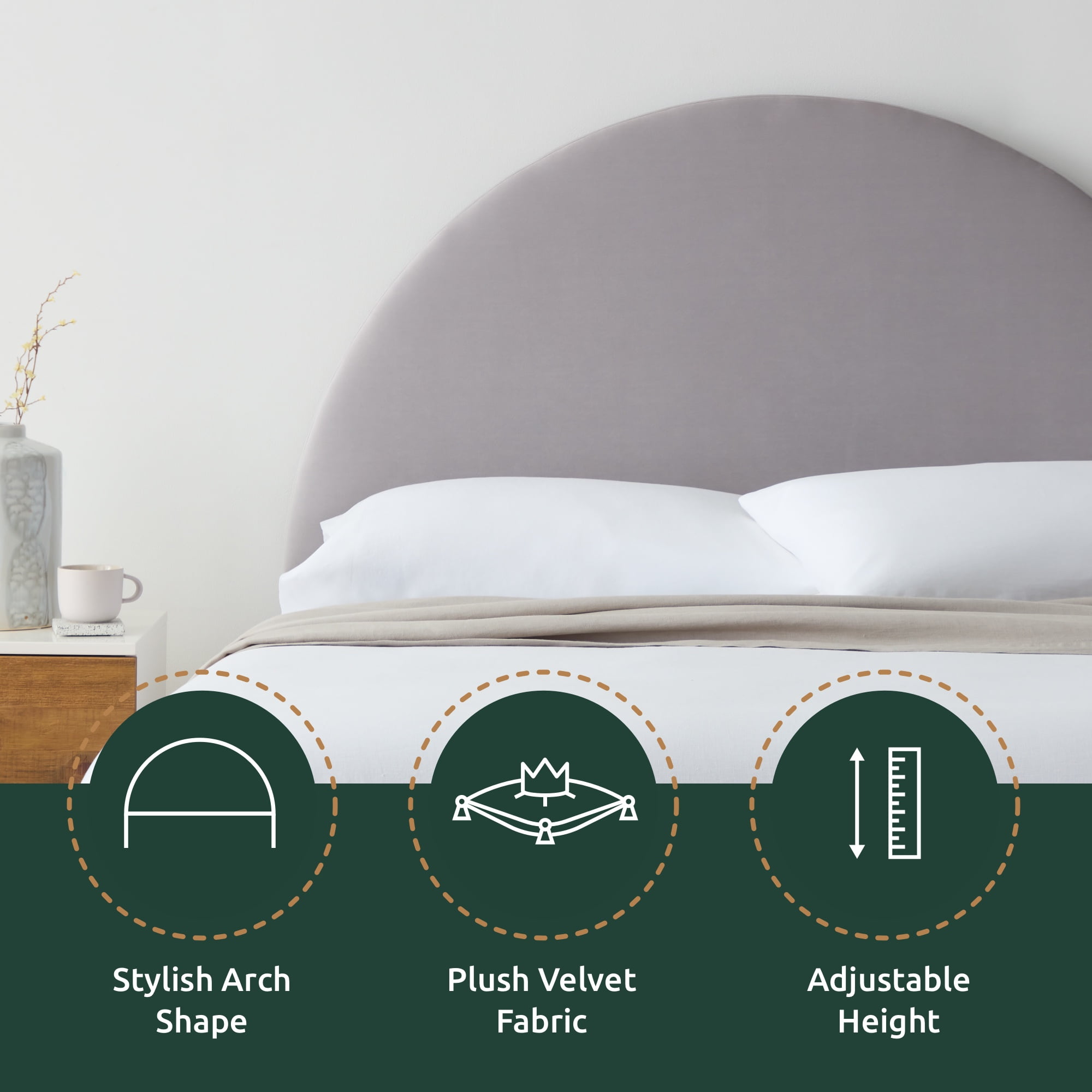 Rest Haven Manchester Half-Moon Modern Upholstered Headboard, King, Velvet Gray