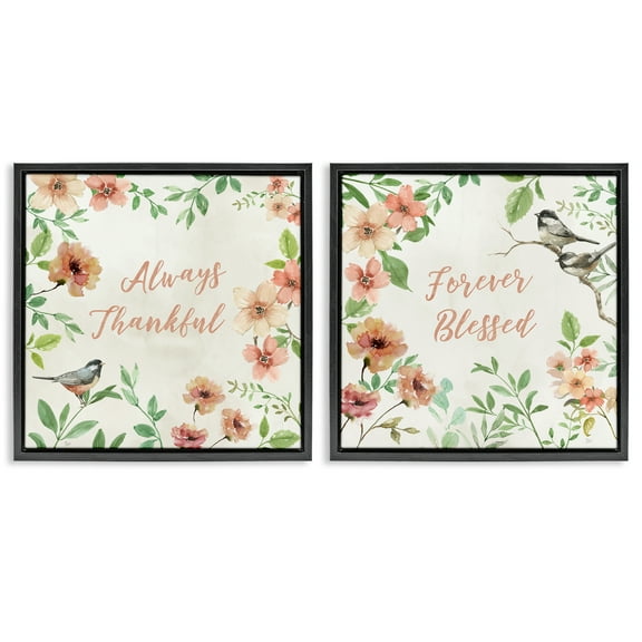 Stupell Industries Always Forever Bird Plants & Flowers Painting Black Floater Framed Canvas Art Print Wall Art, 18 x 18, Set of 2