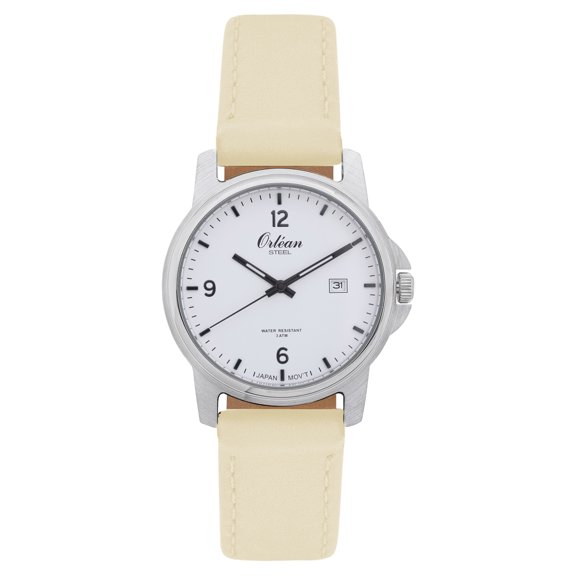 Orlean Mens Easy to Read Watch with Date - 316L Stainless Steel Case with Leather Watch Band - 38mm Analog Men's Wrist Watches - White Dial - Silver / Beige Band