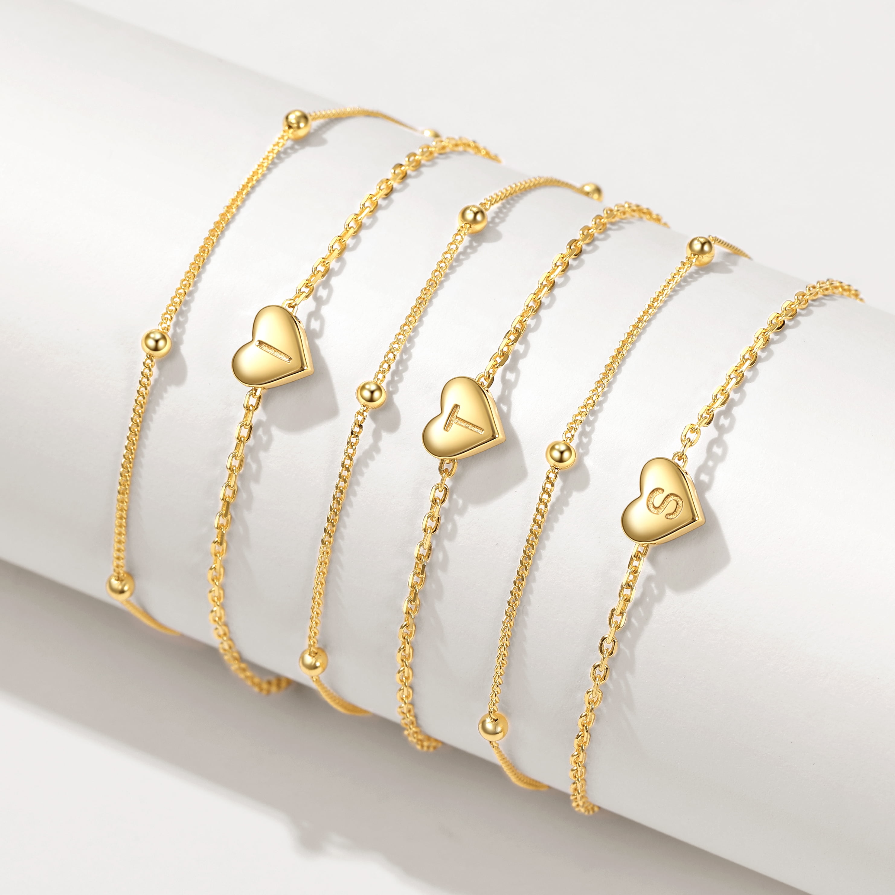 ChicSilver 14K Gold Plated Womens Initial Anklet Layered Anklet Bracelet Dainty Beaded Chain Sterling Silver Anklet Adjustable 11" Waterproof Summer Beach Jewelry for Women