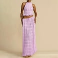 thumbnail image 2 of BYHONG Elegant Chiffon Pleated Maxi Skirt Set with Neck Crop top and Wooden Bead for Women Womens Dresses Purple XL, 2 of 6