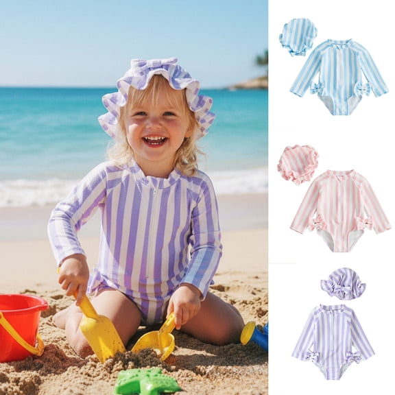 Striped Seersucker One Piece Swimsuit with Matching Cap Bowknot Zip Front Bubble Fabric Bathing Suit Baby Girls