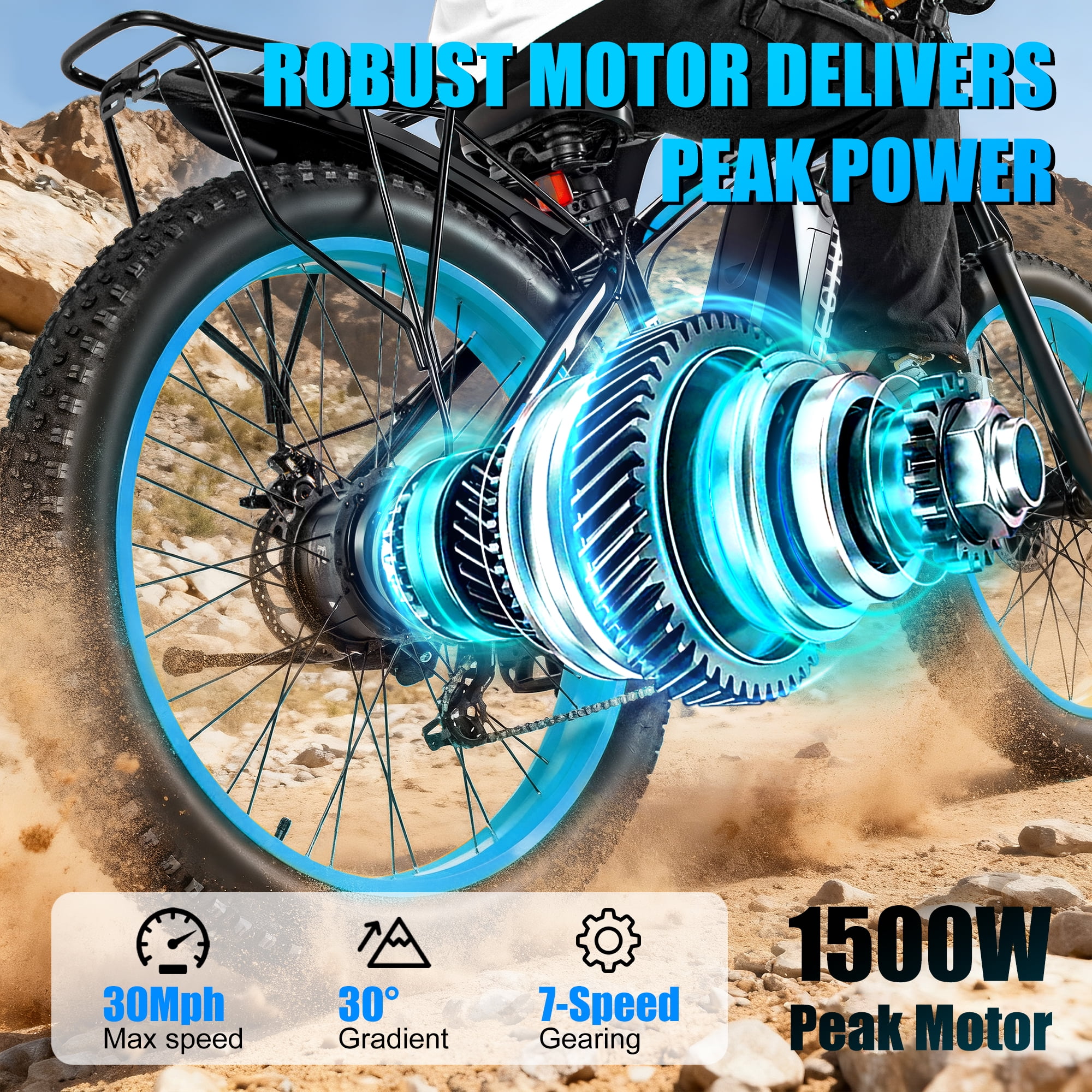 EOEOTWO 26x4.0 Fat Tire Electric Mountain Bike, Peak 1500W Motor Up to 30MPH, 48V 20Ah Long Range E-Mountain Bike, 7-Speed Off-Road Snow Ebike UL2849