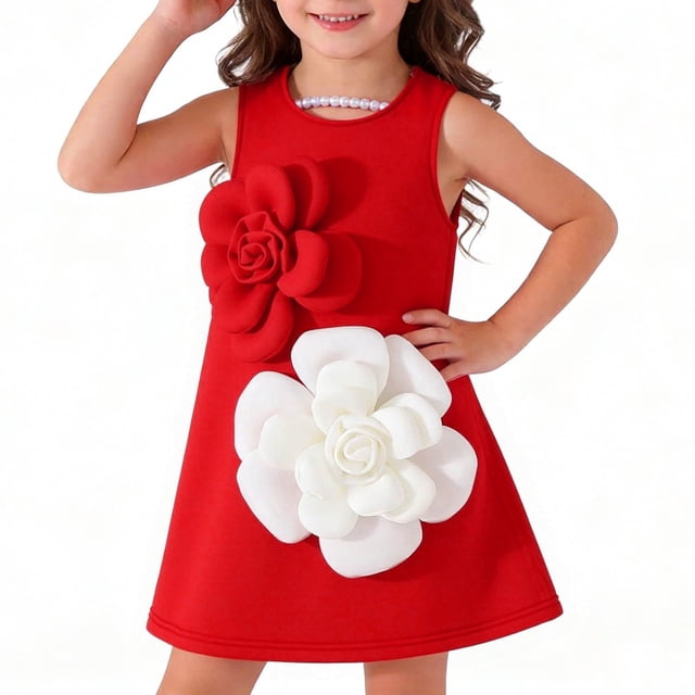 Falda de verano sin mangas con flores rojas y blancas para niñas, vestido de fiesta y exterior, falda hasta la rodilla, top de poliéster para niñas