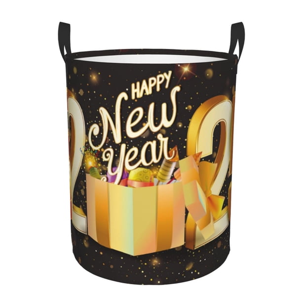Balery Happy New Year 2025 C Cesta de ropa redonda con asas, impermeable, independiente, para ropa, juguetes, dormitorio y familia-Medium