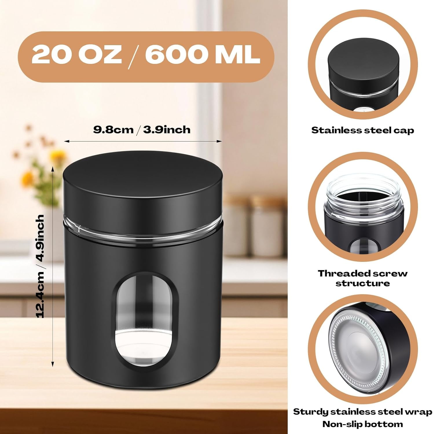 6 Pack Kitchen Canisters Set 20 oz Airtight Stainless Steel Canister Food Storage Container with Window Glass, Coffee Sugar Candy Jars Tea Organizer for Flour Cookies Spice Kitchen (Black)