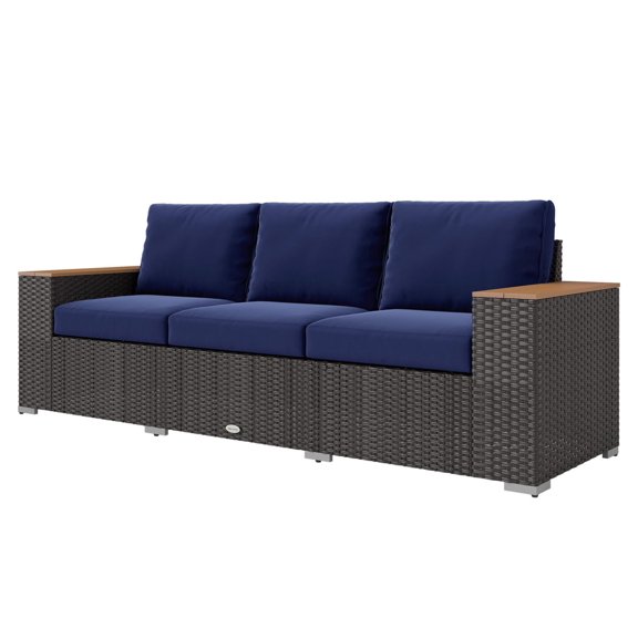 3-Seat Outdoor Patio Sofa with Cushions, PE Rattan Wicker Couch - Navy Blue