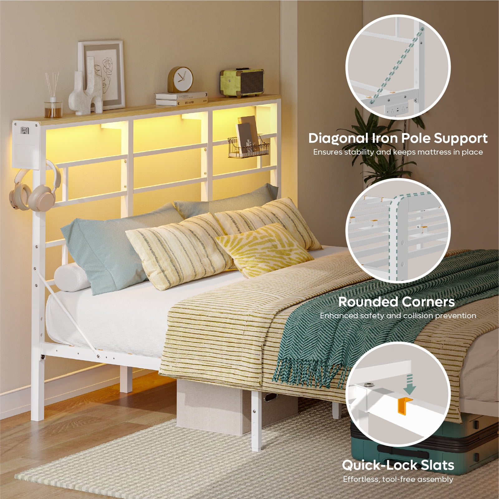 Bestier LED King Size Bed Frame with Headboard & Charging Station, Metal Platform Bed with 15.7'' Large Under Bed Storage, White