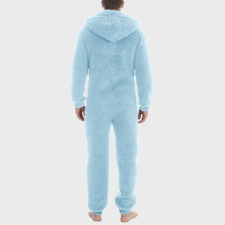 RSZGSWS Mens Womens Fall Winter Fuzzy Romper Pajamas One Piece Loose Fit Soft Plush Robes Zipper Hooded Pajama Jumpsuit Blue