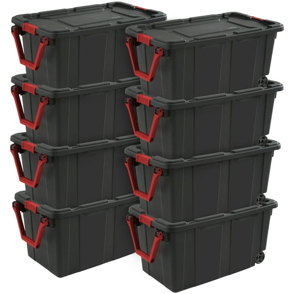 Sterilite Durable 40 Gallon Wheeled Industrial Storage Tote, Black (8 Pack)