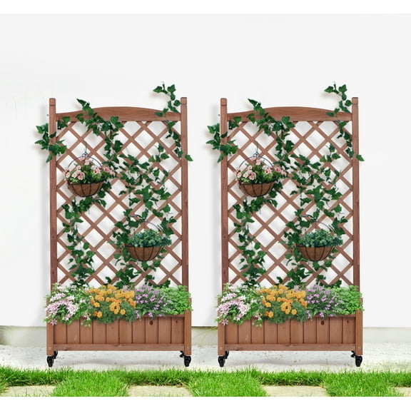 Funnil Set of 2 Raised Garden Bed with Trellis, Drainage Holes and Optional Wheels, 42.3x25x11 inch Outdoor Wooden Planter Box & Plant Stand with Climbing Racks for Balcony, Backyard, Patio