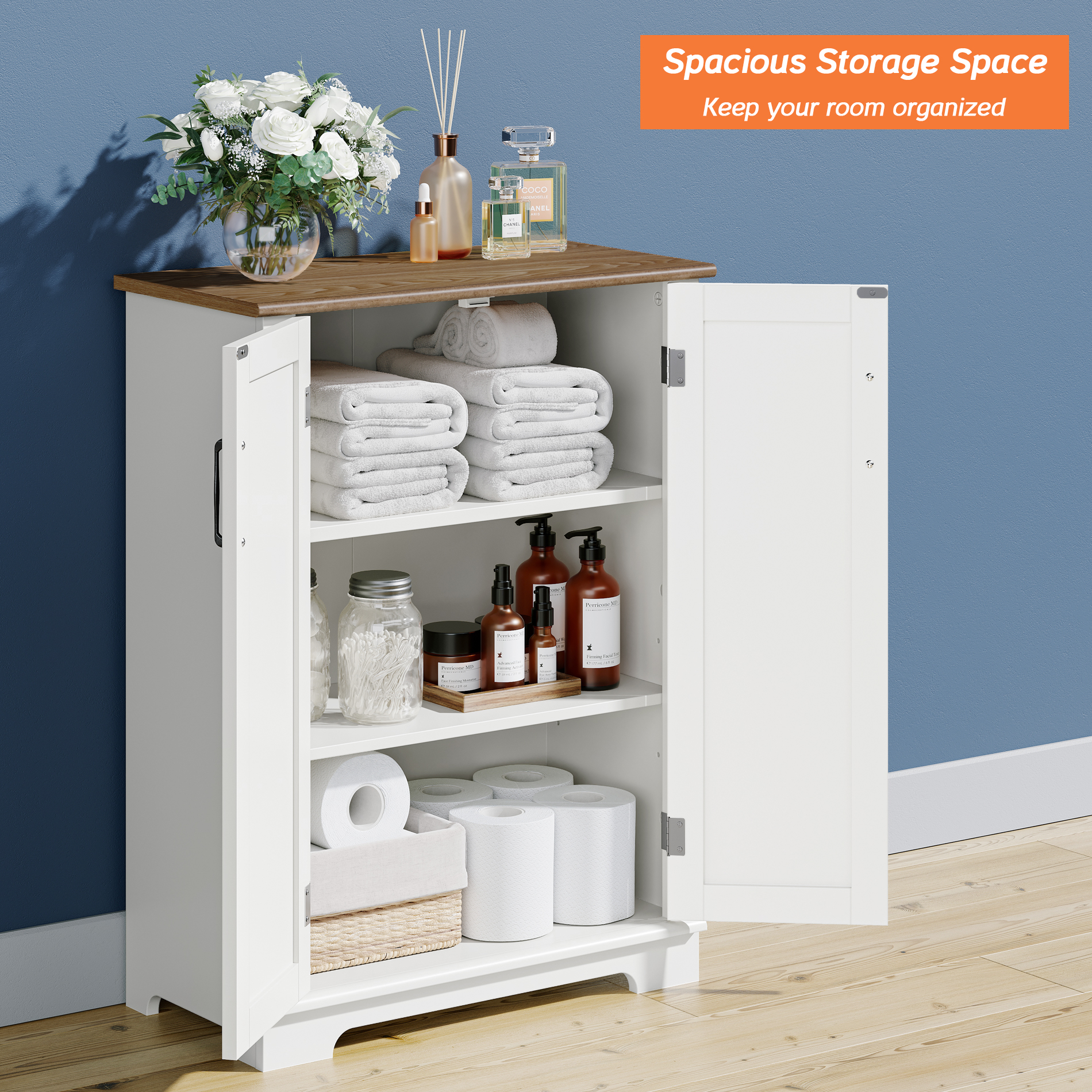 WAMPAT Free Standing 3 Tier Bathroom Cabinet, White Wood 31.5" Cupboard, White