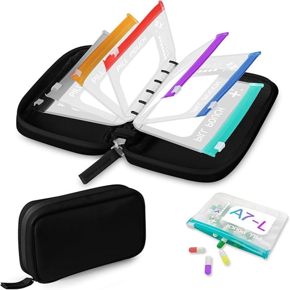 A7 Waterproof Pill Organizer – 14 Pack Zippered Pill Pouches for A7 Binder, Color-Coded Weekly Medicine Storage System, Reusable Travel Pill Pouch Set for Vitamins & Medications
