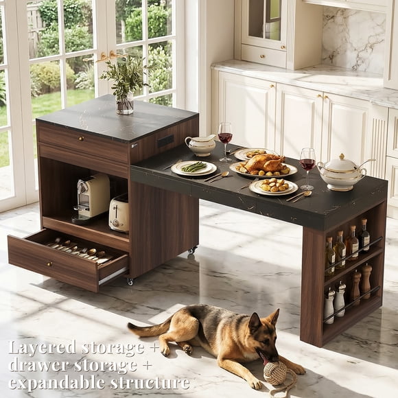 OMCHOM Grand Îlot de Cuisine avec Sièges et Table à Manger Extensible, Îlots Centraux Mobiles Roulants avec Rangement, Station de Recharge, 2 Tiroirs 2 Étagères Latérales Ouvertes, Noyer