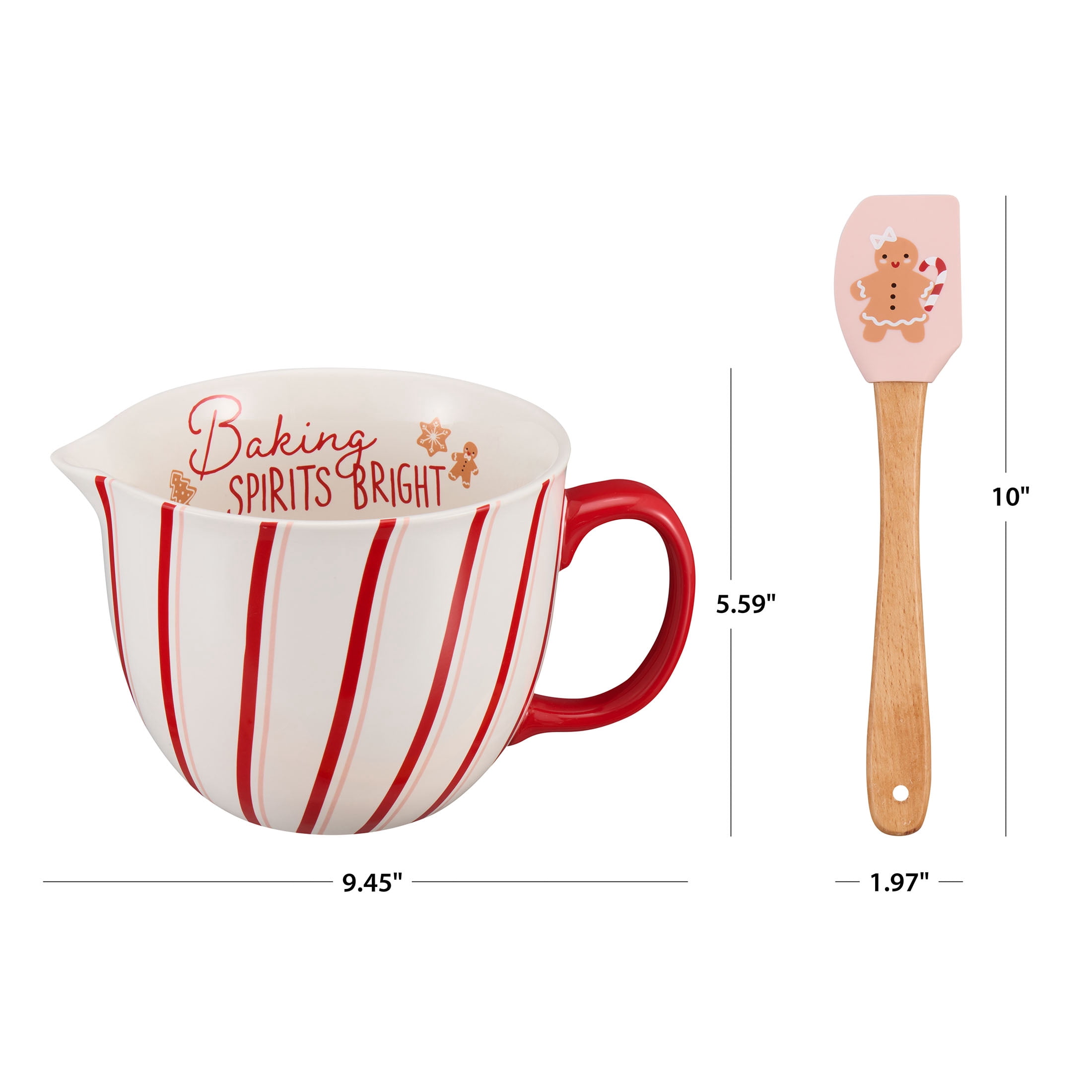 (2 pack) Holiday Time 2-Piece Stripes & Gingerbread Glazed Stoneware Batter Bowl & Spatula Set, Multicolor