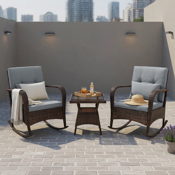 Hommoo 3-Piece Outdoor Rocking Chair Set with Tempered Glass Coffee Table, PE Rattan Patio Furniture for Backyard, Poolside & Porch, Gray