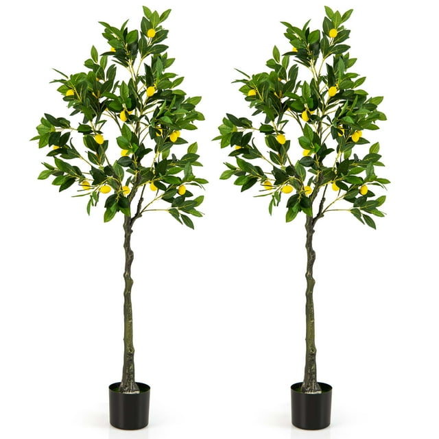 Costway 2 PCS 5.2 FT Tall Artificial Lemon Tree with Lemon Fruits, Cement Pot for Porch, Office