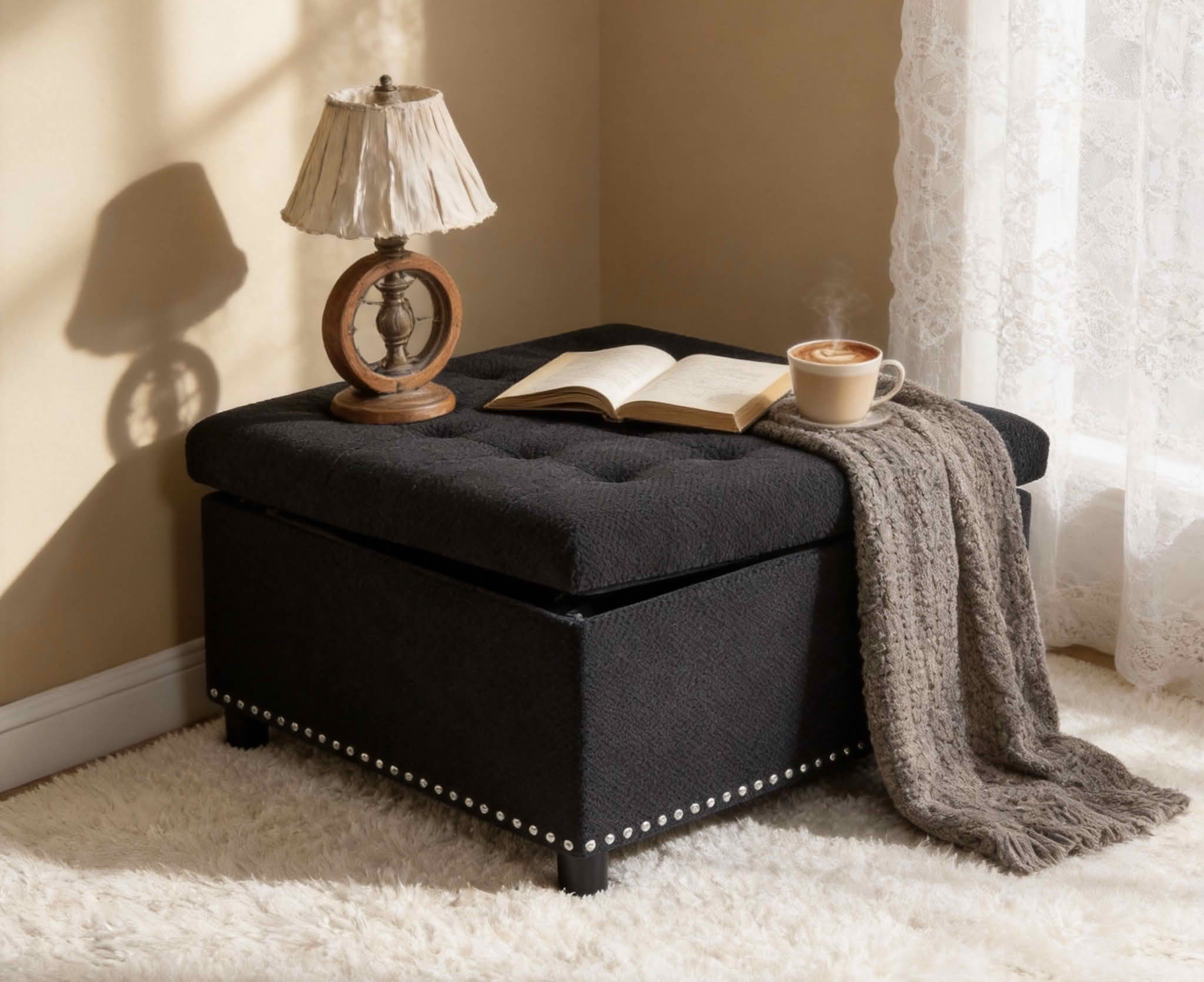 MAYEERTY 30 In Storage Ottoman, Tufted Footstool, Nailhead Trim, Square Ottoman, Black