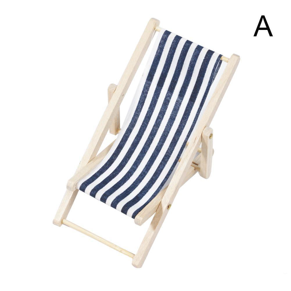 Mini Dollhouse Miniature Garden Beach Furniture Folding Deck Chair  Blue Stripe 