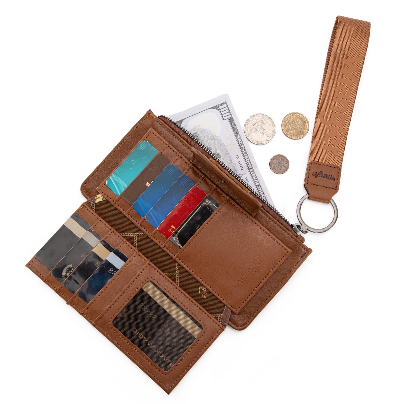 Wrangler Wallet for Women Floral Wristlet Wallets Ladies Female Large Clutch Wallets with Coin Purse and Rfid Lining, Brown