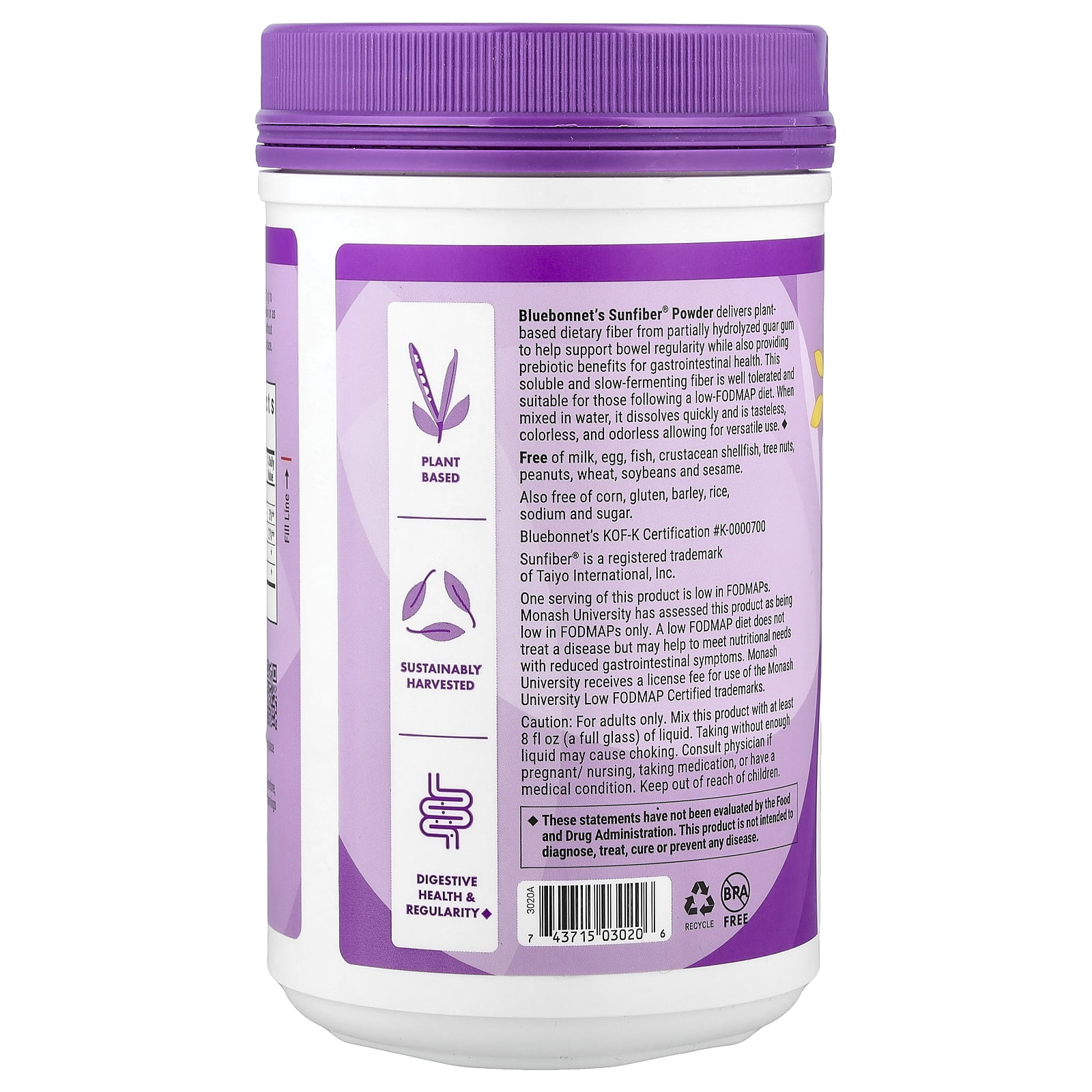 Bluebonnet Sunfiber – 6g of Plant Based Prebiotic Fiber - Unflavored, 7.4oz 30 Days