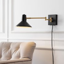 JONATHAN Y Hygge 16" Swing Arm 1-Light Modern Midcentury Iron USB Charging Port LED Sconce, Black/Brass Gold
