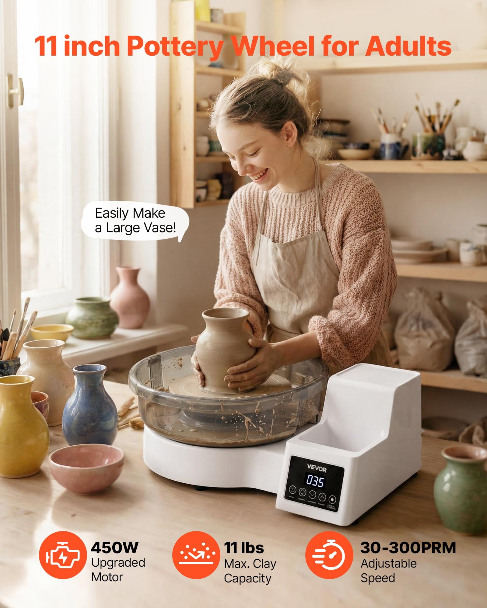 VEVOR Pottery Wheel for Adults, 11" Aluminum Turntable, 450W Electric Table Top Pottery Wheel with Foot Pedal, 30-300 RPM Adjustable Speed, Detachable Basin, for Beginners, DIY Clay Art Craft, White