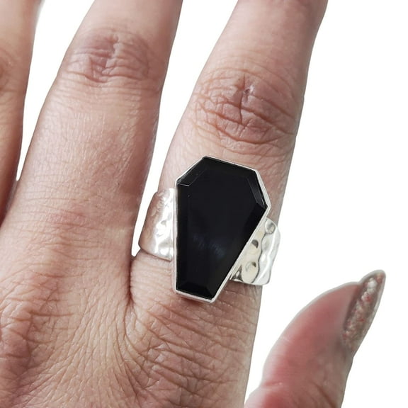 Coffin Shape Black Onyx Ring, Natural Black Onyx Ring, December Birthstone, Hammer Womens Ring, Coffin Ring, 925 Sterling Silver, Christmas, Handmade, Statement Jewelry, Coffin Shape Gemstone Ring