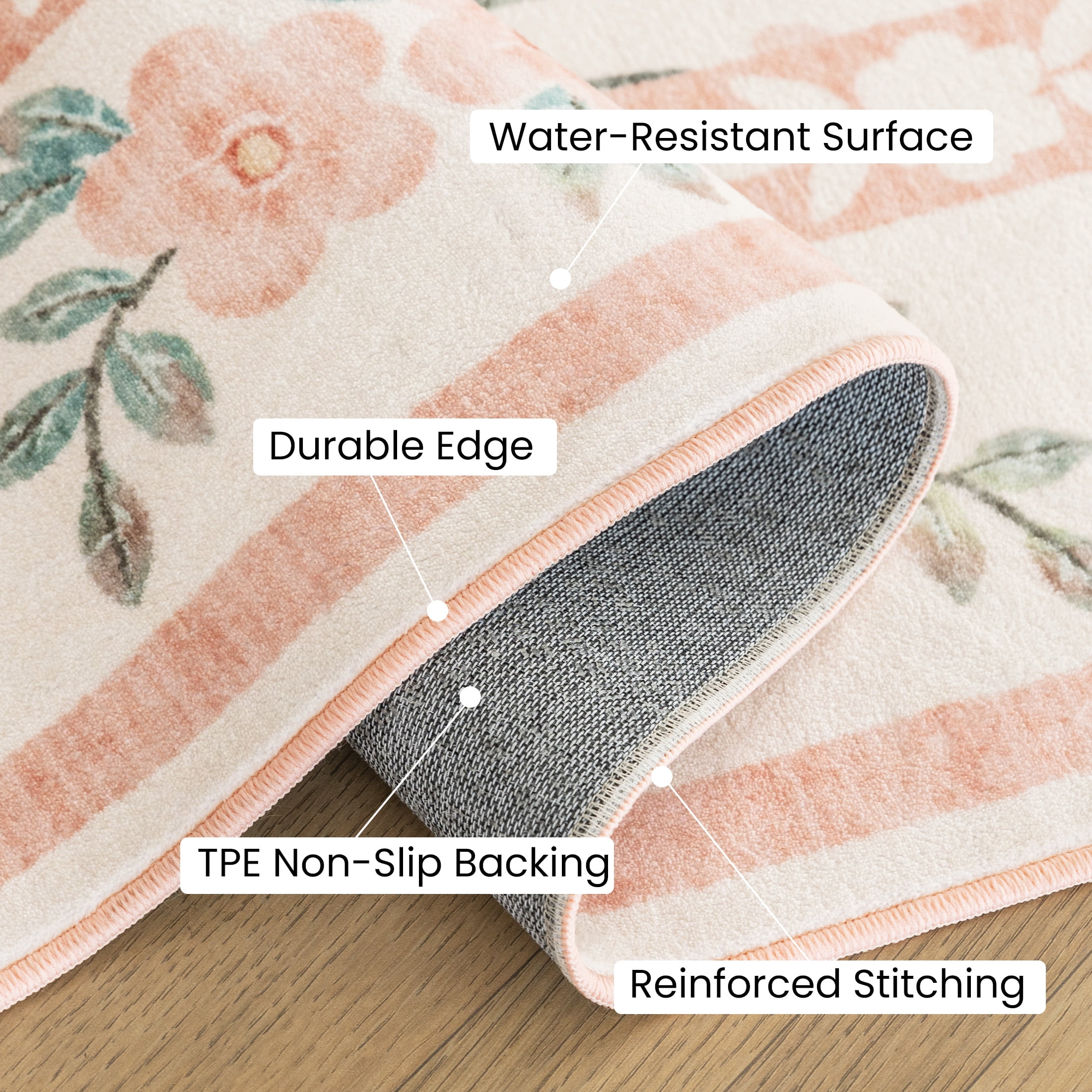 Sleep Zone 4x6 Washable Non Slip Area Rug Elegant Floral, Wave edge Scalloped Water Resistant Rug for Bedroom Living room