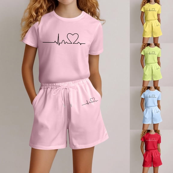 RTKFRFLM Girls 2-Piece Summer Sporty Set Fashionable Letter Print Short Sleeve Tee and Matching Shorts Outfit Trendy Athletic Tracksuit and Playwear for Big Girls and Ages 4-14 Years Old