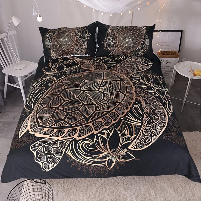 Ropa de Cama Tortuga Negra 3D Impreso Funda Nórdica Dorada Tortuga Patrón Floral