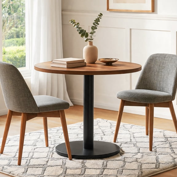 Finmind Round Solid Wood Dining Table for 4-6, 31.5-Inch Modern Kitchen Table with Black Metal Pedestal Base for Dining Room, Brown