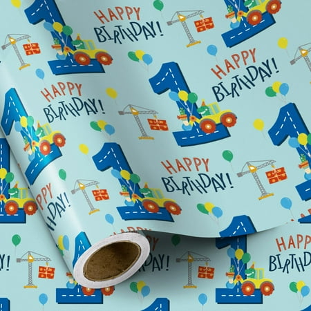 RUSPEPA 1st Birthday PresNok Boy Wrapping Paper - Mini Roll - Dinosaur Truck Happy Birthday Design for Boys' Birthday Party and More - 17 inches x 16.4 feet - 1 Year Old