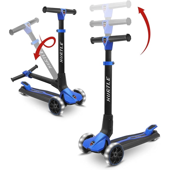 3-Wheel Foldable Kids Scooter - Child Toy Scooter with Built-in LED Wheel Lights, Easy Maneuvering Lean-to-Steer Technology (Blue)