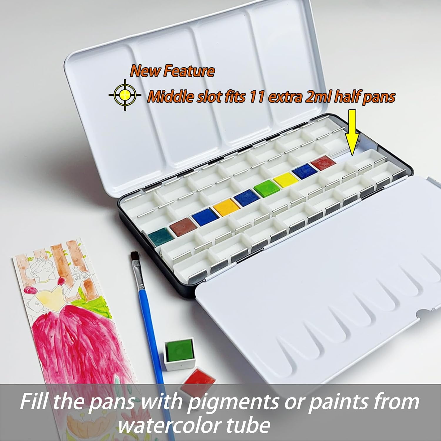 JJEAN-Empty Watercolor Palette Paint Case - Large Watercolor Metal Tin with 48Pcs Half Pans