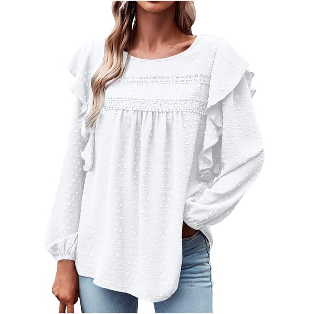MeetoTime Women's Long Sleeve Ruffled Tops Crewneck Casual Loose Blouse Pleat Solid Color Blouse Pullover