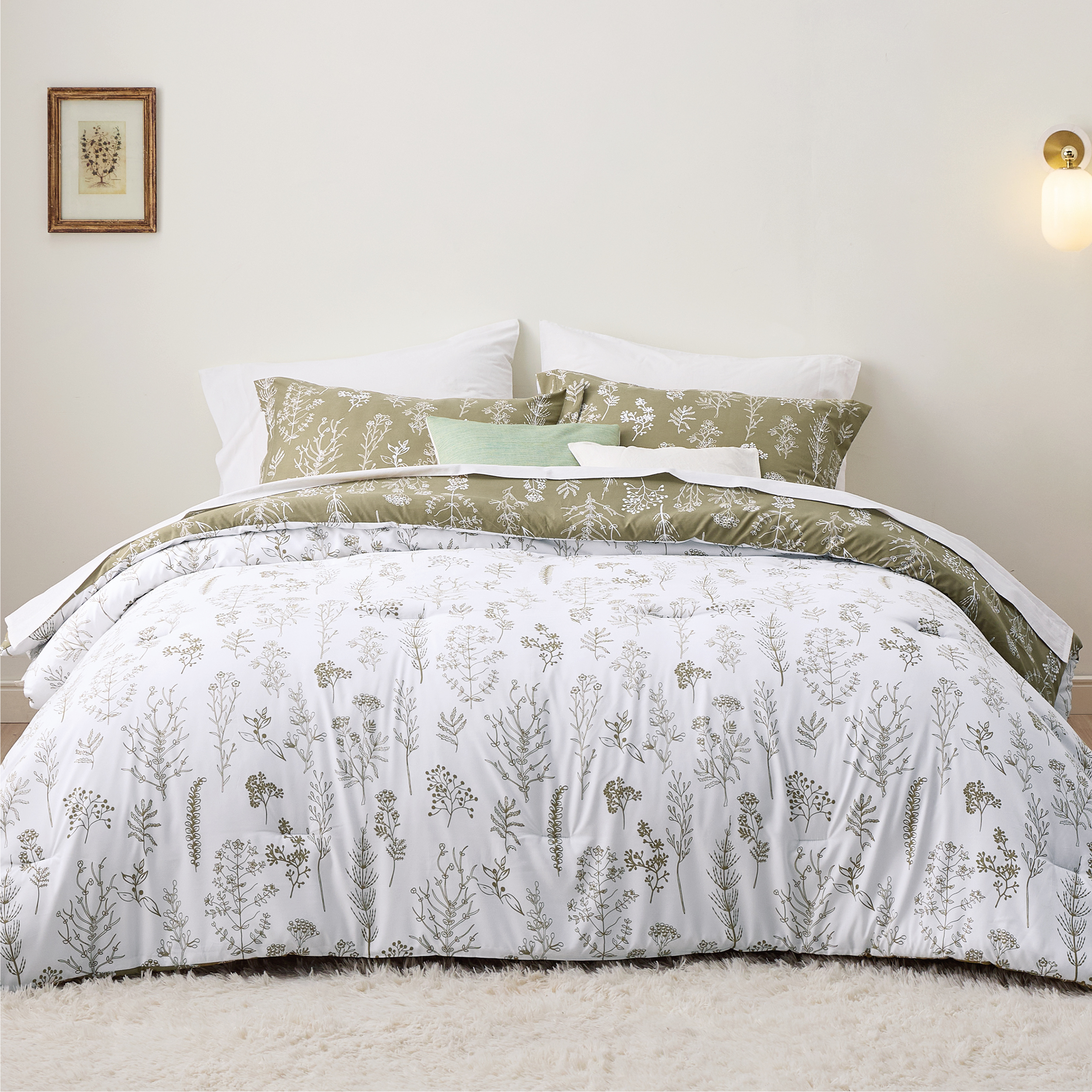 Cozy Comfort 3 Pieces Comforter Sets, 1 Soft Reversible Botanical Flowers Comforter and 2 Pillow Shams, Olive Green, Queen Size