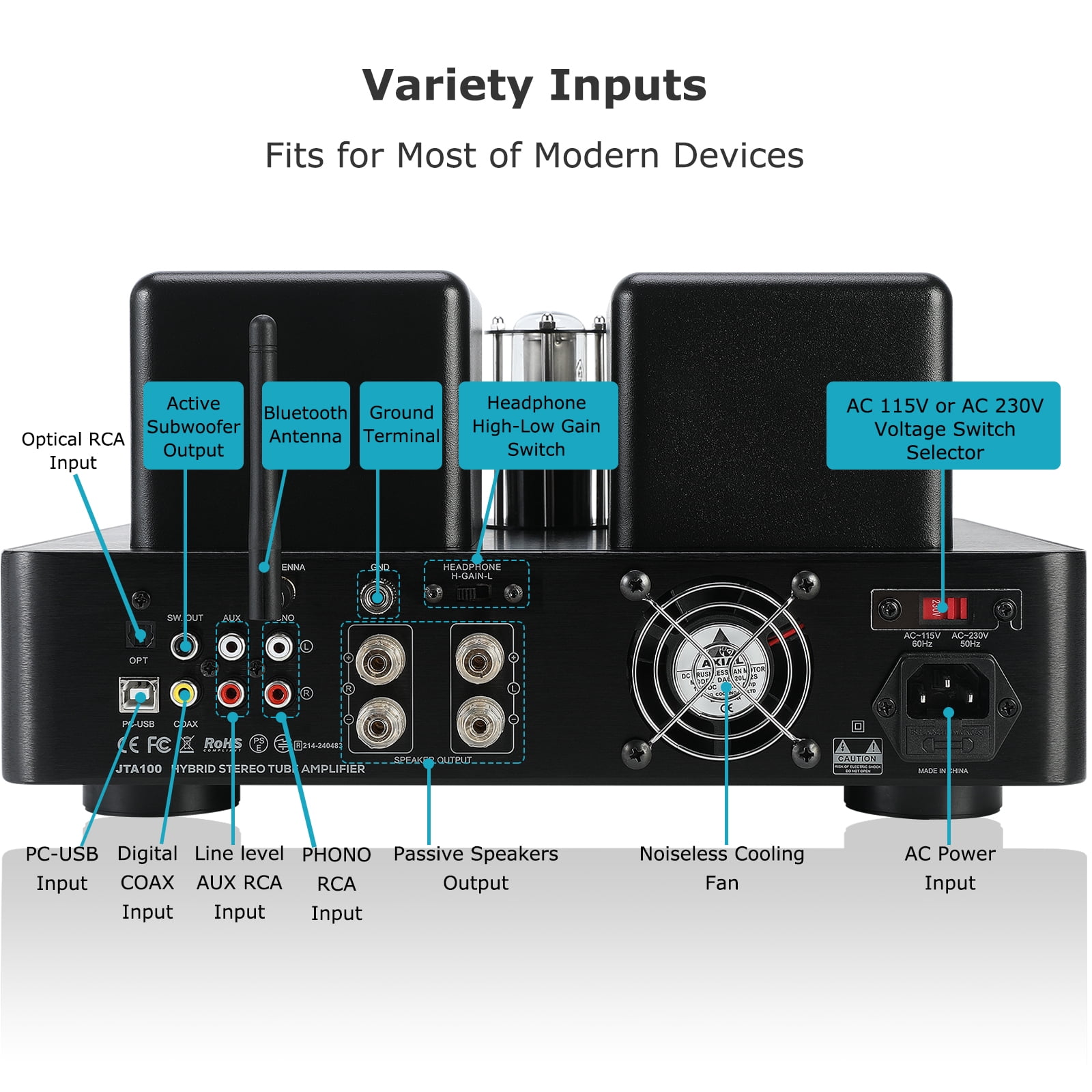 Juson Audio JTA100 2025 200W Vacuum Tube Amplifier Hybrid Class AB Hifi Amp PHONO In Headphone Out