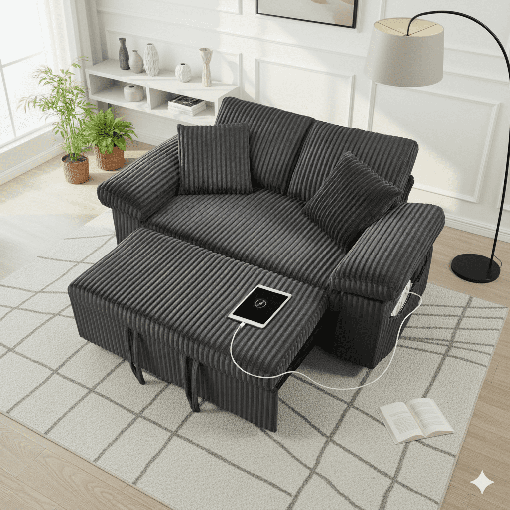 3 in 1 Convertible Sleeper Sofa Bed, 60" Pull Out Couch with Adjustable Backrest, Corduroy Loveseat Sofa Couch with Side Pockets for Living Room Bedroom Apartment Small Space (Dark Grey)