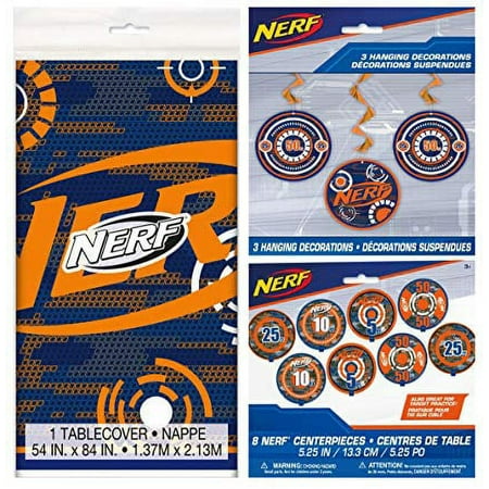 Nerf Birthday Party Supplies Decorations Pack Including Tablecover, Hanging Swirls, and Centerpieces