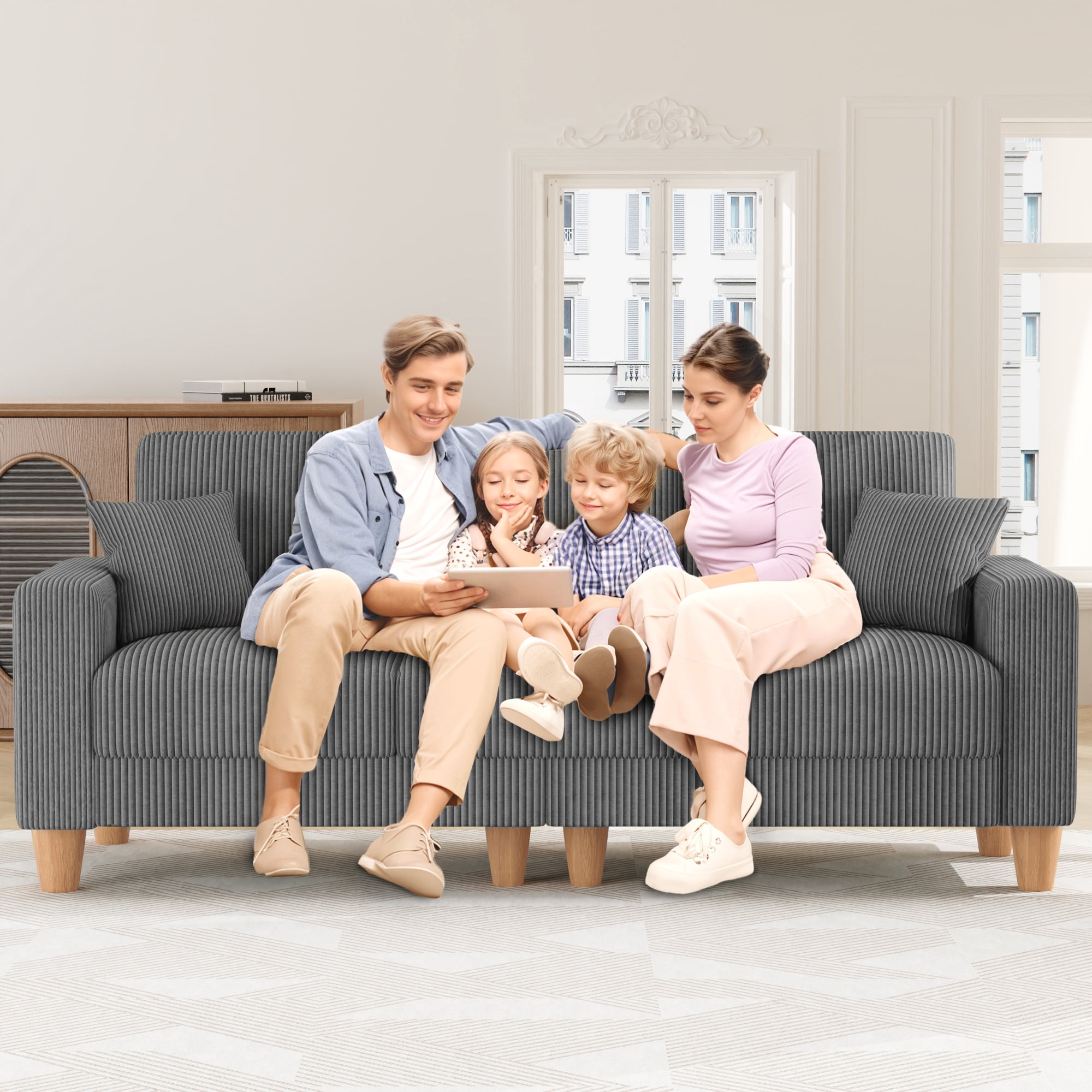 AAQZ 101" Corduroy Sofa Couch for Living Room, 3 Seater Deep Seat Comfy Couch in a Box, 2 Cushions, 2 Pillows Tool-Free Setup,Gray