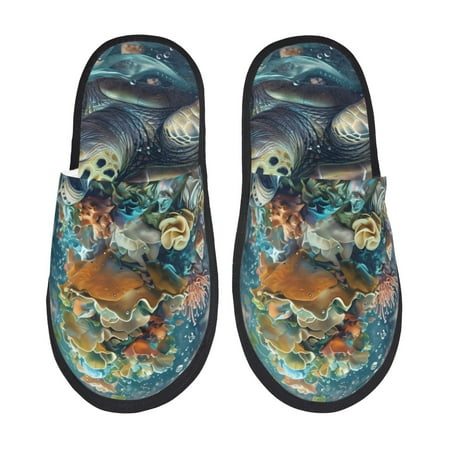 Balery Colorful Plant Turtle Slient Indoor Furry Fleece Comfort House Shoes Soft Non-Slip Home Shoes Cotton slippers House Slippers-- Medium