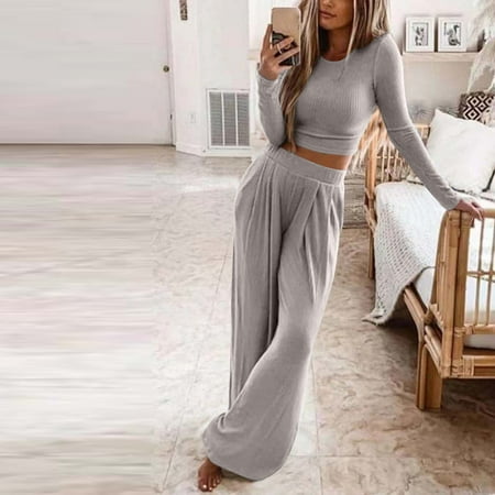 

TIHLMK Pajamas Deals Clearance Women s Solid Long Sleeve O-neck Sport Pullover Leisure Crop Tops + Pants Set Gray
