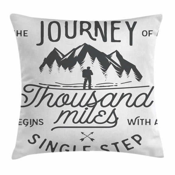 Adventure Throw Pillow Cushion Cover, Long Journeys Starts with a Single Step Quote Inspirational Motivational Image, Decorative Square Accent Pillow Case, 20 X 20 Inches, Black White, by Ambesonne