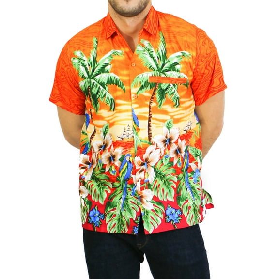 HAPPY BAY Men's Hawaiian Shirts Summer Beach Shirts Casual Short Sleeve Button Up Shirt Men XS Long Tailed Macaw, Orange
