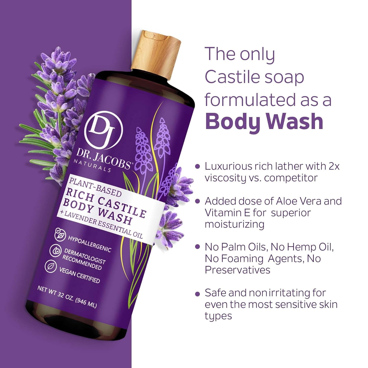 Dr Jacobs Naturals Castile Soap Body Wash Plant Based Liquid Soap, Lavender 32 Oz 3-Pack