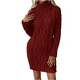 thumbnail image 2 of Women's Sweater Dress Knit Dress Long Sleeve Turtleneck Solid Color Cable Knit Casual Winter Dress for Holiday,Wine,L, 2 of 7